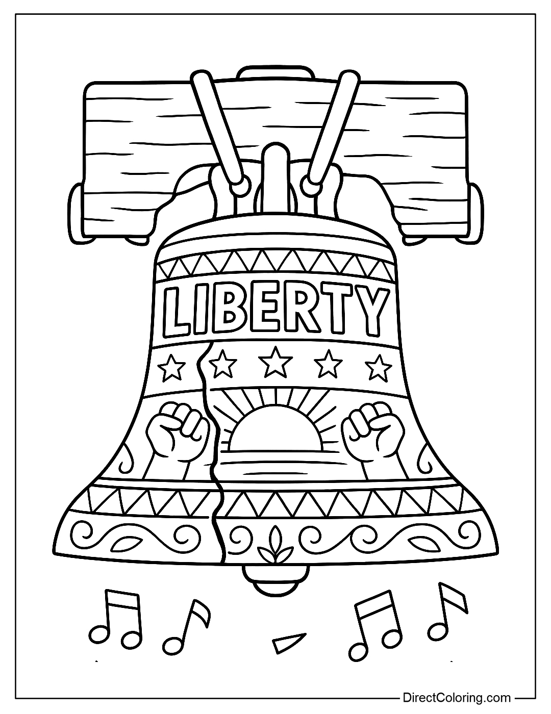 Coloring page of freedom bell with patterns representing unity and spiritual strength
